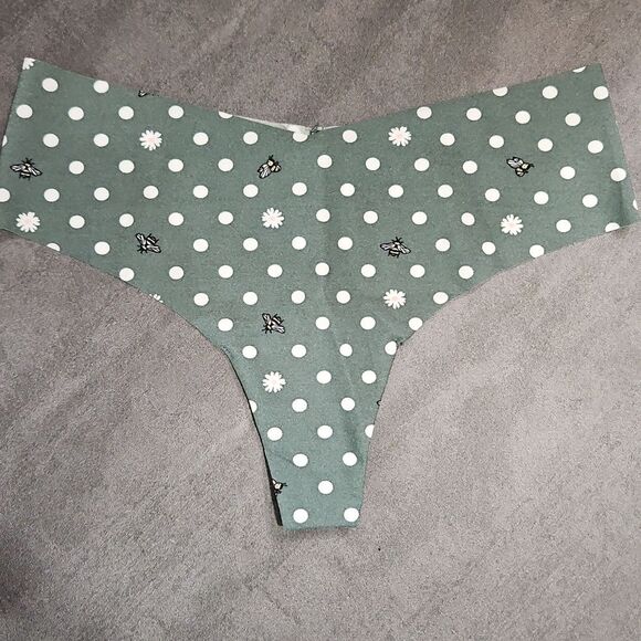 PINK Victorias Secret NO SHOW THONG FOREST GREEN POLKA DOTS & BEES New Small - Picture 9 of 14
